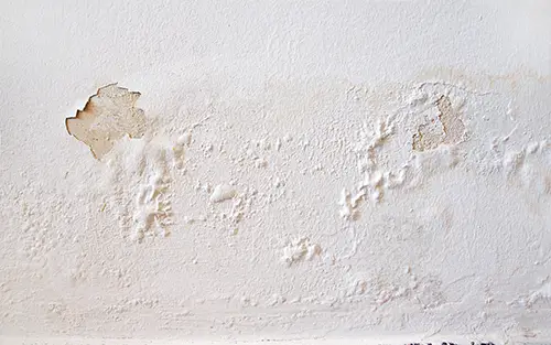 Rain water leaks on the wall causing damage and peeling paint 